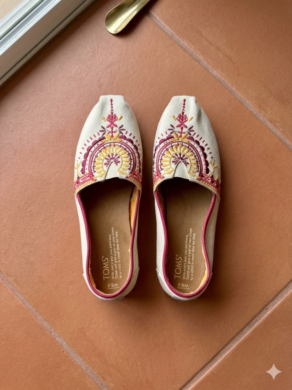 Toms Ivory Canvas Slip-On Flats with Pink & Gold Embroidery